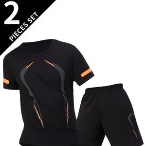 2pcs/Set Men's Summer Sports Short Sleeve Top And Shorts Set